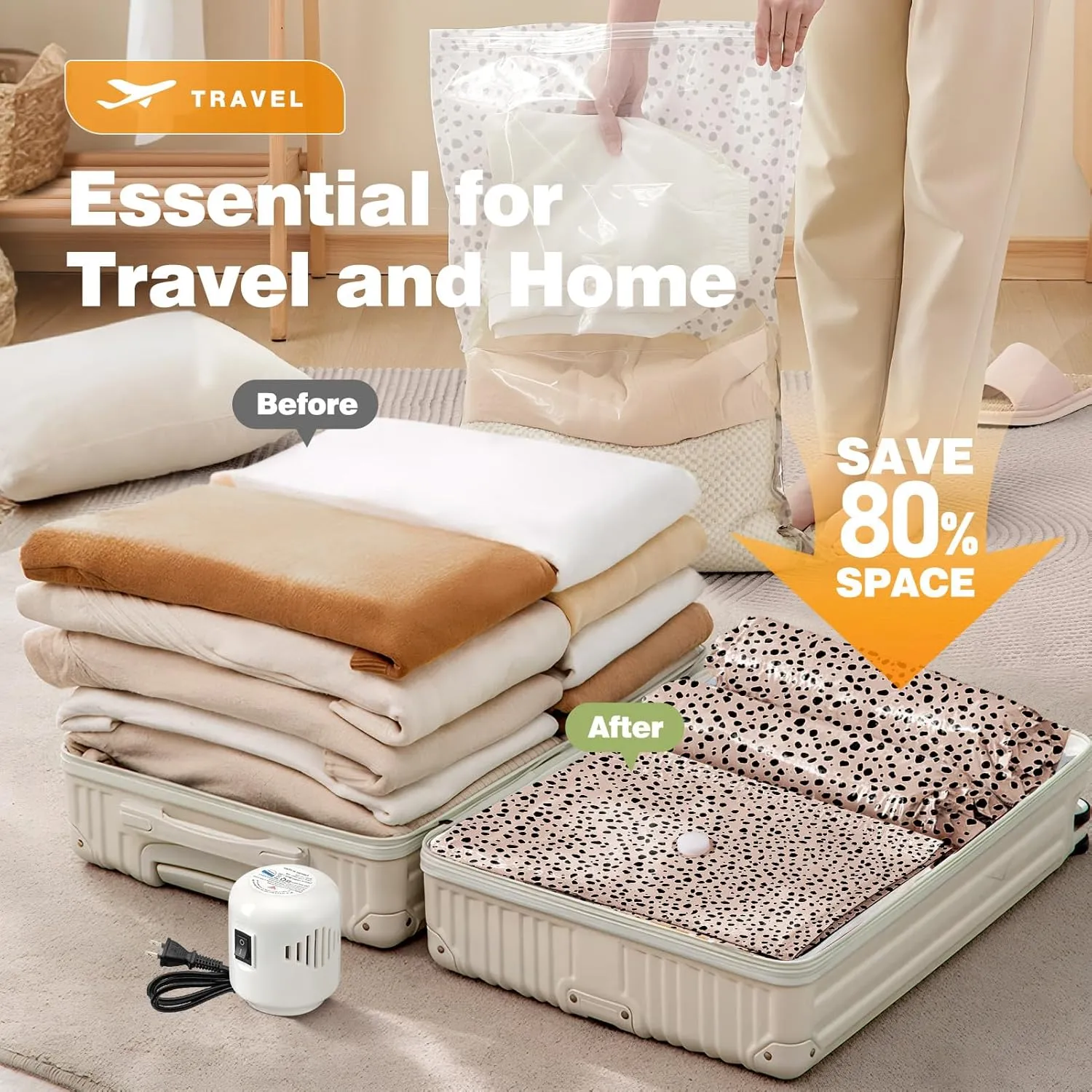 16 Pack Travel Vacuum Storage Bags with Electric Pump, 3 Large   6 Medium   7 Small Vacuum Sealer Bags, 80% Space Saver Bags for Luggage, Comforters and Blankets, Travel Essentials(Beige Leopard)