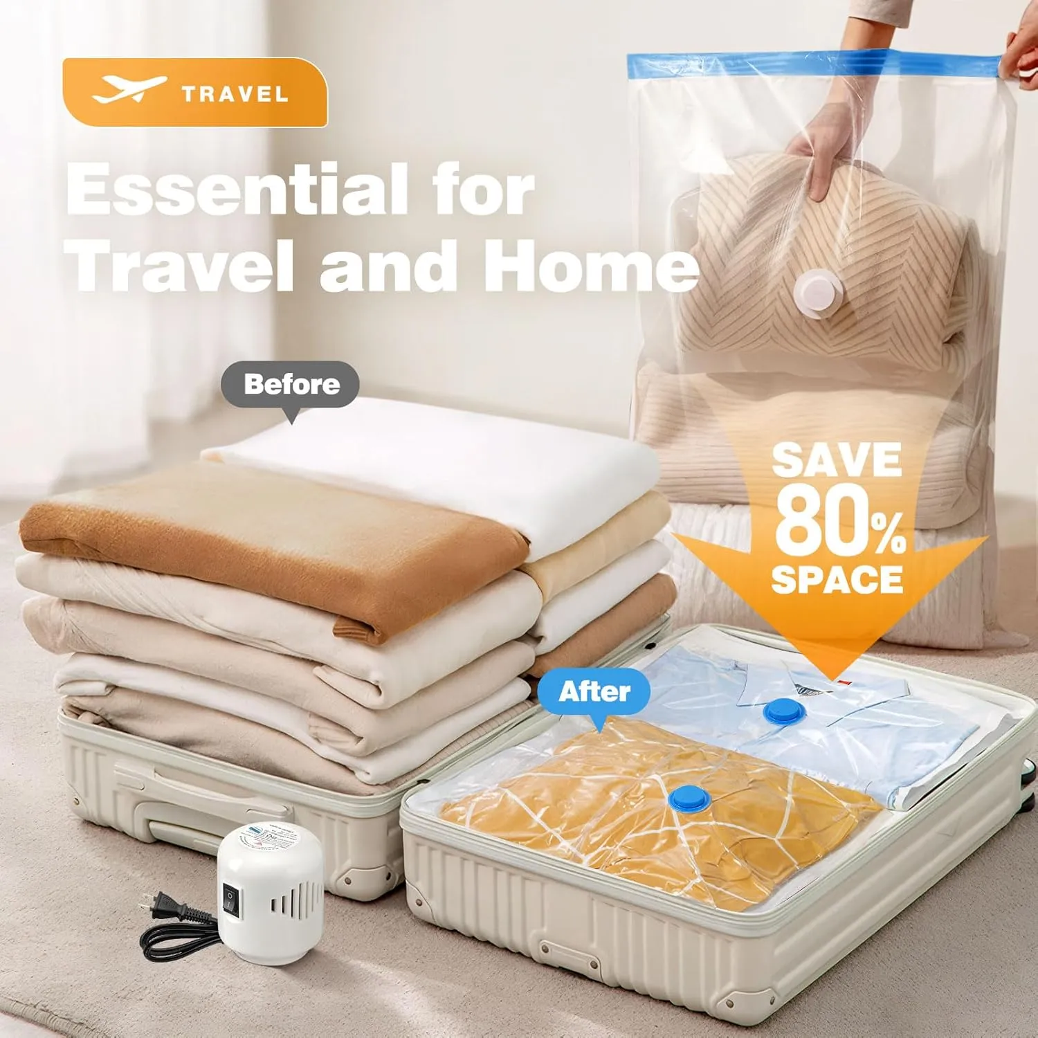 16 Pack Travel Vacuum Storage Bags With Electric Pump, Vacuum Seal Bags for Clothing, Vacuum Sealer Bags for Luggage, Travel Essentials