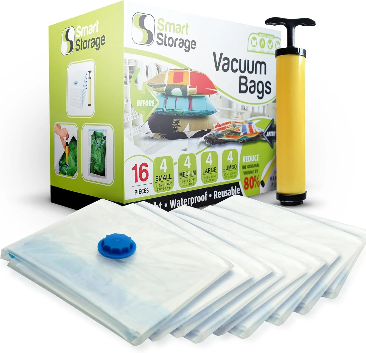16 Pack Vacuum Storage Bags, Space Saver Bags (4 Jumbo/4 Large/4 Medium/4 Small) Vacuum Sealer Bags for Clothes Storage with Travel Hand Pump