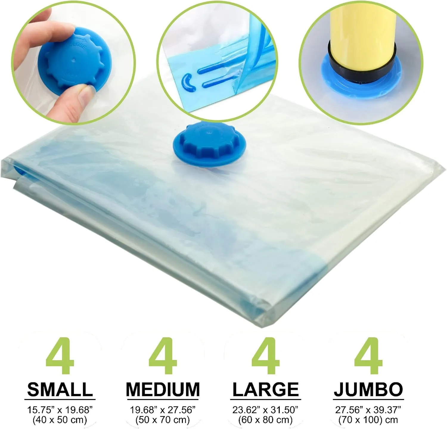 16 Pack Vacuum Storage Bags, Space Saver Bags (4 Jumbo/4 Large/4 Medium/4 Small) Vacuum Sealer Bags for Clothes Storage with Travel Hand Pump