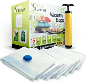 16 Pack Vacuum Storage Bags, Space Saver Bags (4 Jumbo/4 Large/4 Medium/4 Small) Vacuum Sealer Bags for Clothes Storage with Travel Hand Pump
