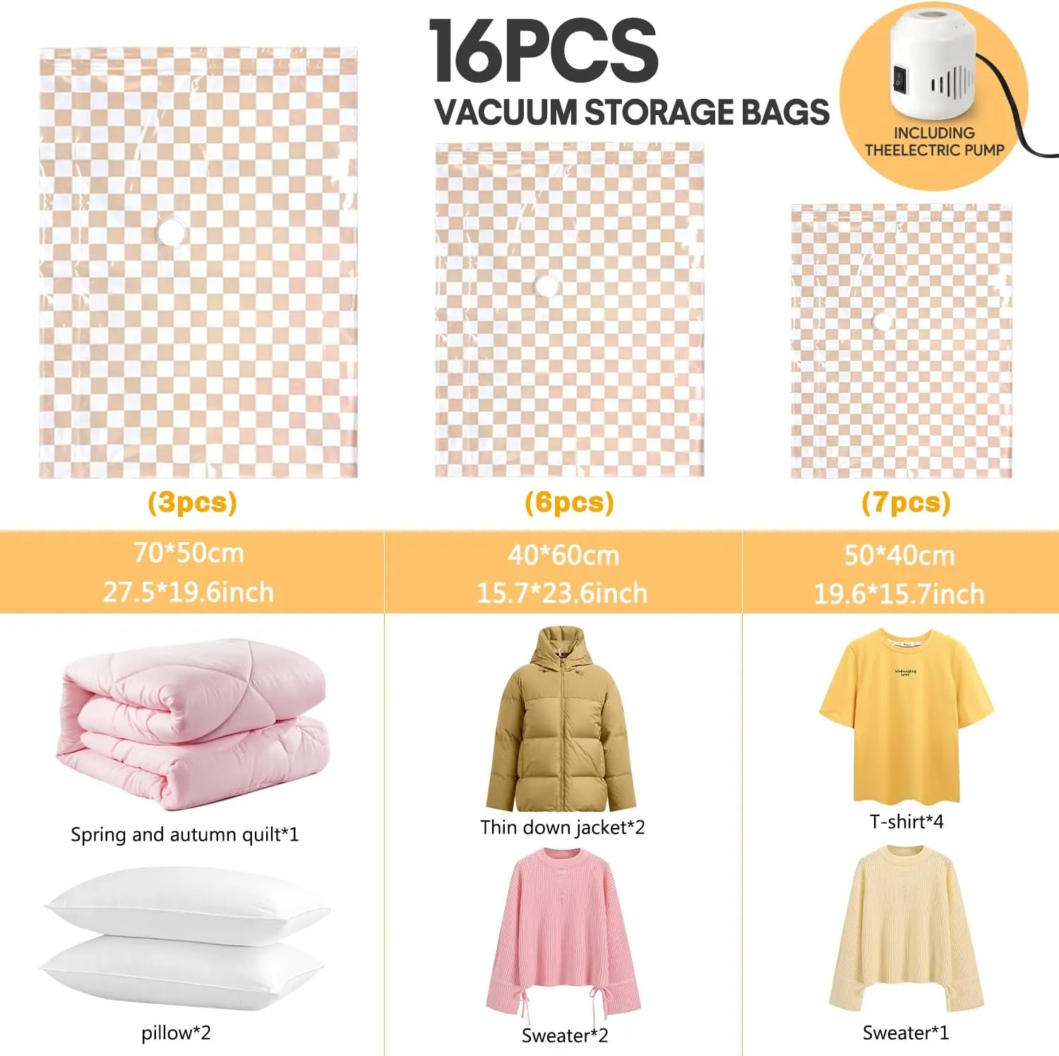 16 Pack Vacuum Storage Bags with Electric Pump, Vacuum Seal Bag for Clothing, Space Saver Storage Organizer, Travel Packing Bags for Luggage (Pink Checks)