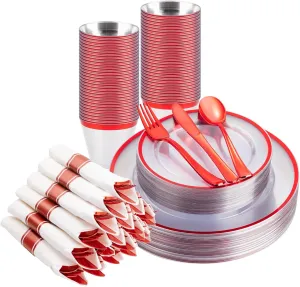 175PCS Clear & Red Disposable Party Set for 25 Guests - 50 Plates, 25 Cups, 25 Napkins & Plastic Cutlery