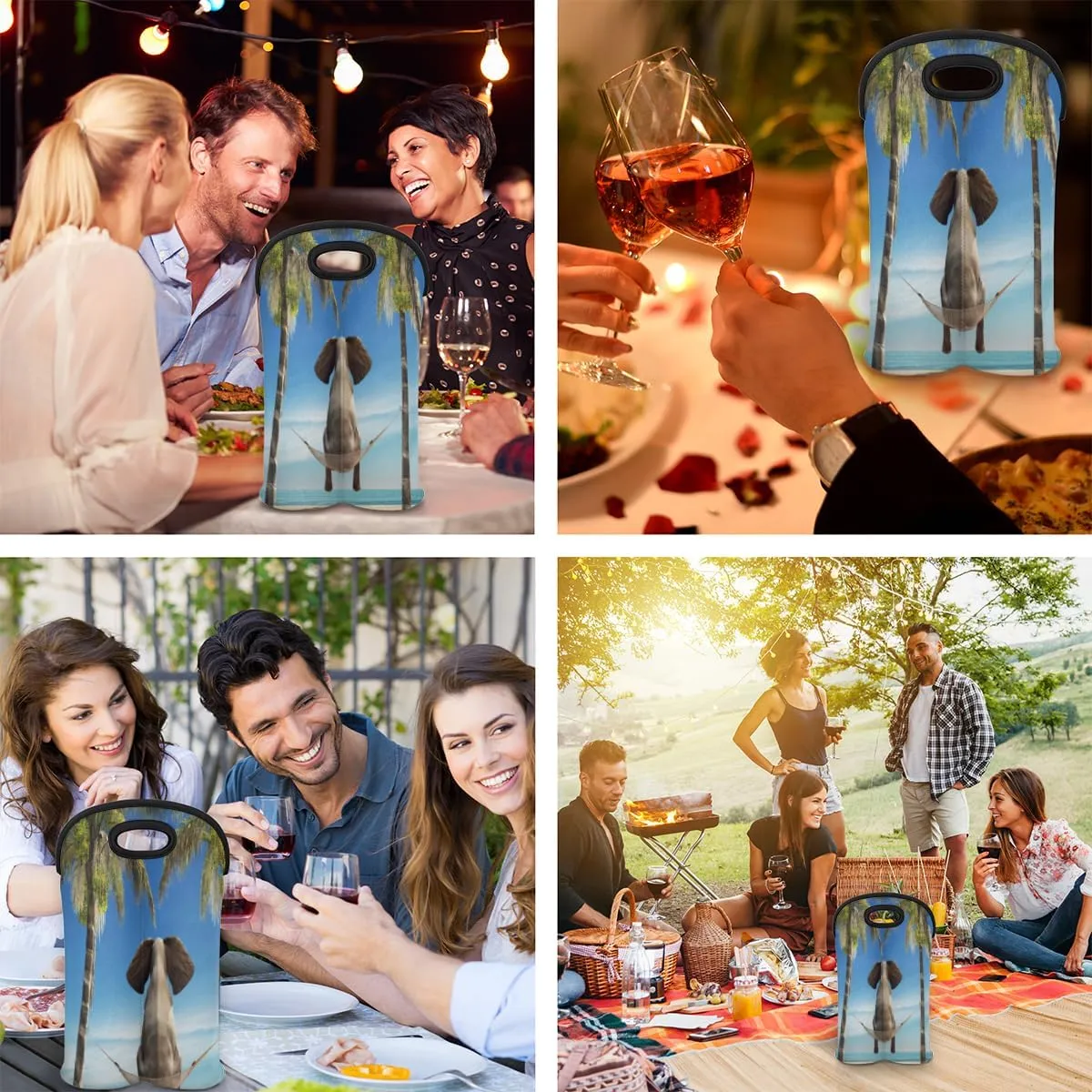 2 Bottle Wine Carrier Tote Bag Beach Tree Elephant Insulated Neoprene Wine Bottle Holder Portable Wine Cooler Bag with Secure Carry Handle for Travel Picnic Birthday Party