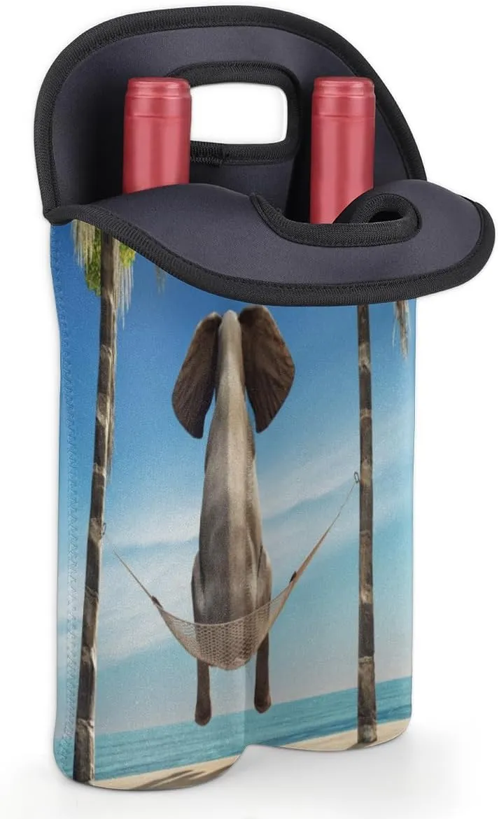 2 Bottle Wine Carrier Tote Bag Beach Tree Elephant Insulated Neoprene Wine Bottle Holder Portable Wine Cooler Bag with Secure Carry Handle for Travel Picnic Birthday Party