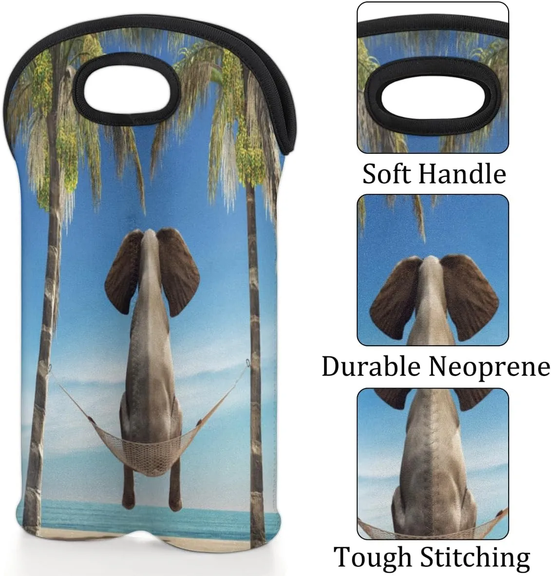 2 Bottle Wine Carrier Tote Bag Beach Tree Elephant Insulated Neoprene Wine Bottle Holder Portable Wine Cooler Bag with Secure Carry Handle for Travel Picnic Birthday Party