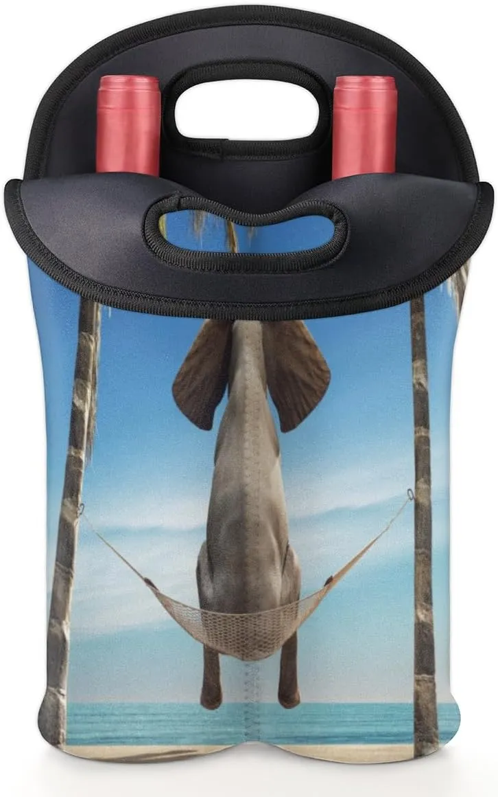 2 Bottle Wine Carrier Tote Bag Beach Tree Elephant Insulated Neoprene Wine Bottle Holder Portable Wine Cooler Bag with Secure Carry Handle for Travel Picnic Birthday Party