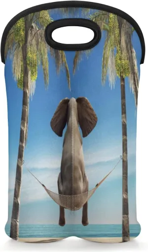 2 Bottle Wine Carrier Tote Bag Beach Tree Elephant Insulated Neoprene Wine Bottle Holder Portable Wine Cooler Bag with Secure Carry Handle for Travel Picnic Birthday Party