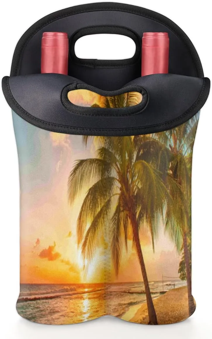 2 Bottle Wine Carrier Tote Bag Beach Trees Sunset Insulated Neoprene Wine Bottle Holder Portable Wine Cooler Bag with Secure Carry Handle for Travel Picnic Birthday Party