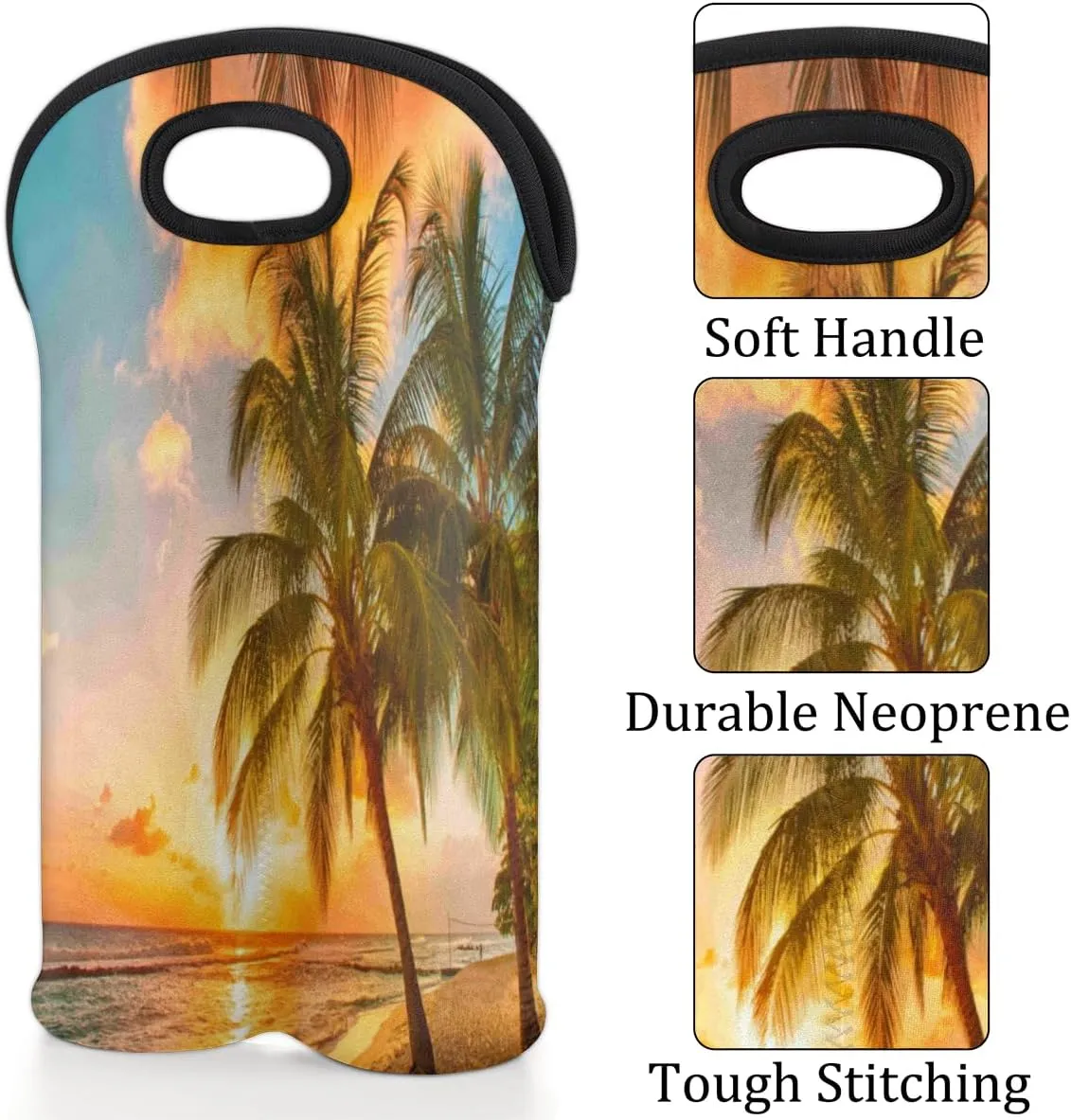 2 Bottle Wine Carrier Tote Bag Beach Trees Sunset Insulated Neoprene Wine Bottle Holder Portable Wine Cooler Bag with Secure Carry Handle for Travel Picnic Birthday Party