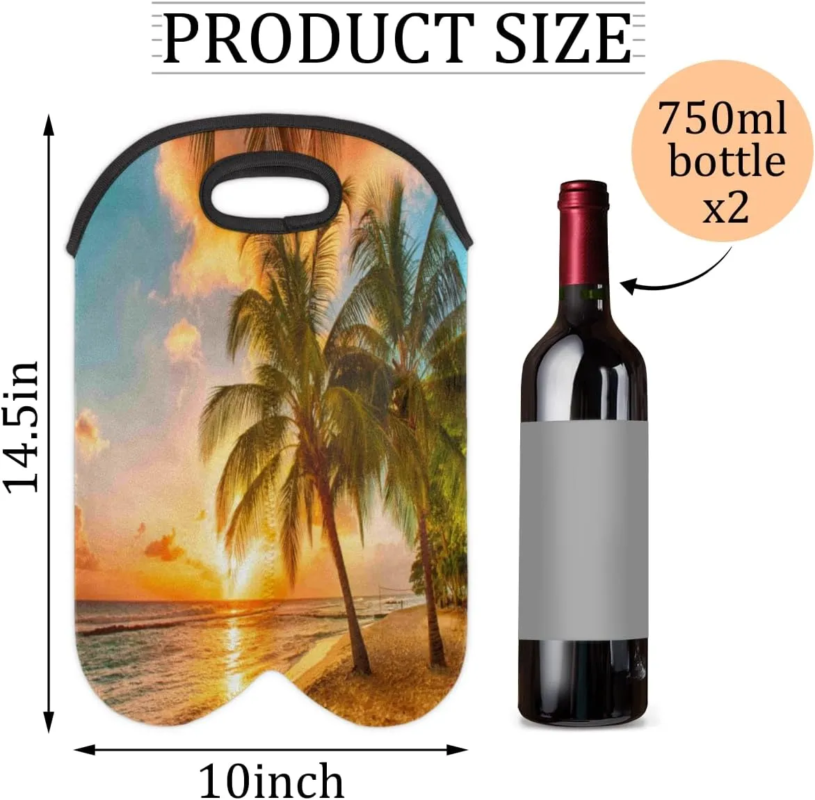 2 Bottle Wine Carrier Tote Bag Beach Trees Sunset Insulated Neoprene Wine Bottle Holder Portable Wine Cooler Bag with Secure Carry Handle for Travel Picnic Birthday Party