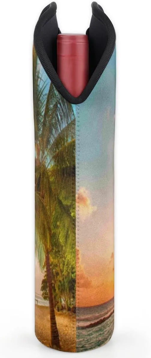 2 Bottle Wine Carrier Tote Bag Beach Trees Sunset Insulated Neoprene Wine Bottle Holder Portable Wine Cooler Bag with Secure Carry Handle for Travel Picnic Birthday Party