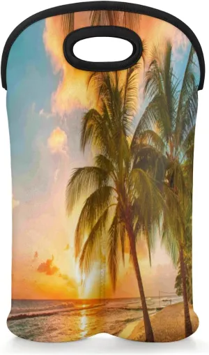 2 Bottle Wine Carrier Tote Bag Beach Trees Sunset Insulated Neoprene Wine Bottle Holder Portable Wine Cooler Bag with Secure Carry Handle for Travel Picnic Birthday Party