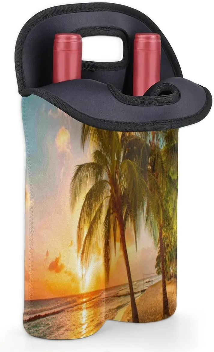 2 Bottle Wine Carrier Tote Bag Beach Trees Sunset Insulated Neoprene Wine Bottle Holder Portable Wine Cooler Bag with Secure Carry Handle for Travel Picnic Birthday Party