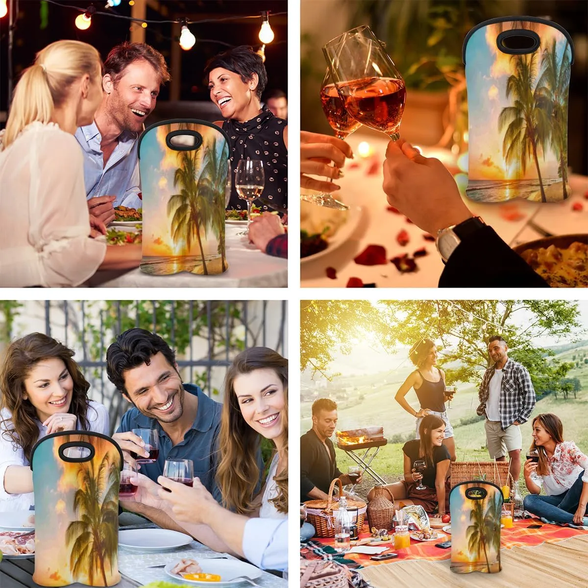 2 Bottle Wine Carrier Tote Bag Beach Trees Sunset Insulated Neoprene Wine Bottle Holder Portable Wine Cooler Bag with Secure Carry Handle for Travel Picnic Birthday Party