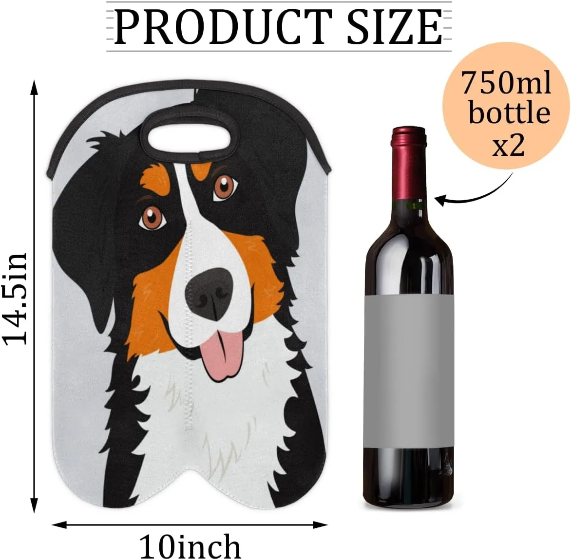 2 Bottle Wine Carrier Tote Bag Bernese Mountain Dog Insulated Neoprene Wine Bottle Holder Portable Wine Cooler Bag with Secure Carry Handle for Travel Picnic Birthday Party