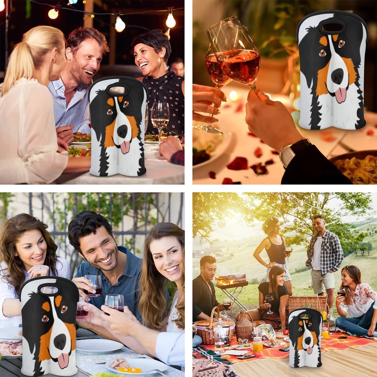 2 Bottle Wine Carrier Tote Bag Bernese Mountain Dog Insulated Neoprene Wine Bottle Holder Portable Wine Cooler Bag with Secure Carry Handle for Travel Picnic Birthday Party