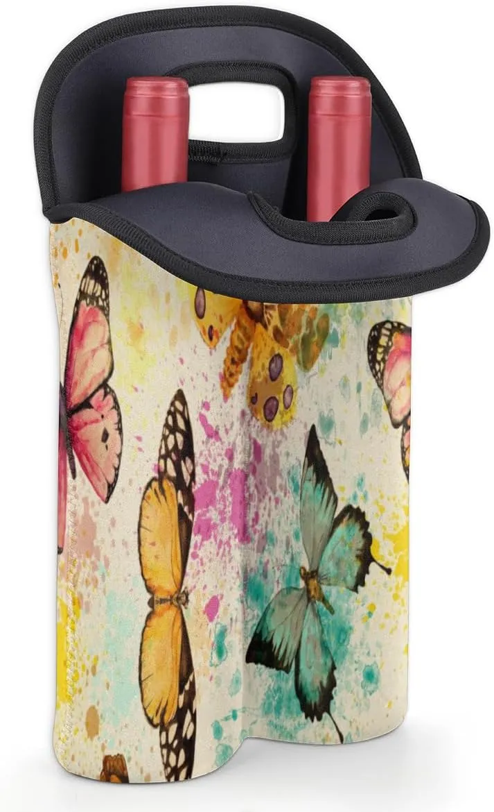 2 Bottle Wine Carrier Tote Bag Butterfly Insulated Neoprene Wine Bottle Holder Portable Wine Cooler Bag with Secure Carry Handle for Travel Picnic Birthday Party