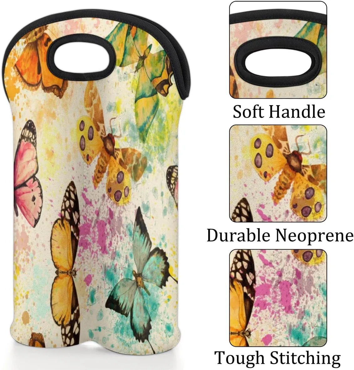 2 Bottle Wine Carrier Tote Bag Butterfly Insulated Neoprene Wine Bottle Holder Portable Wine Cooler Bag with Secure Carry Handle for Travel Picnic Birthday Party