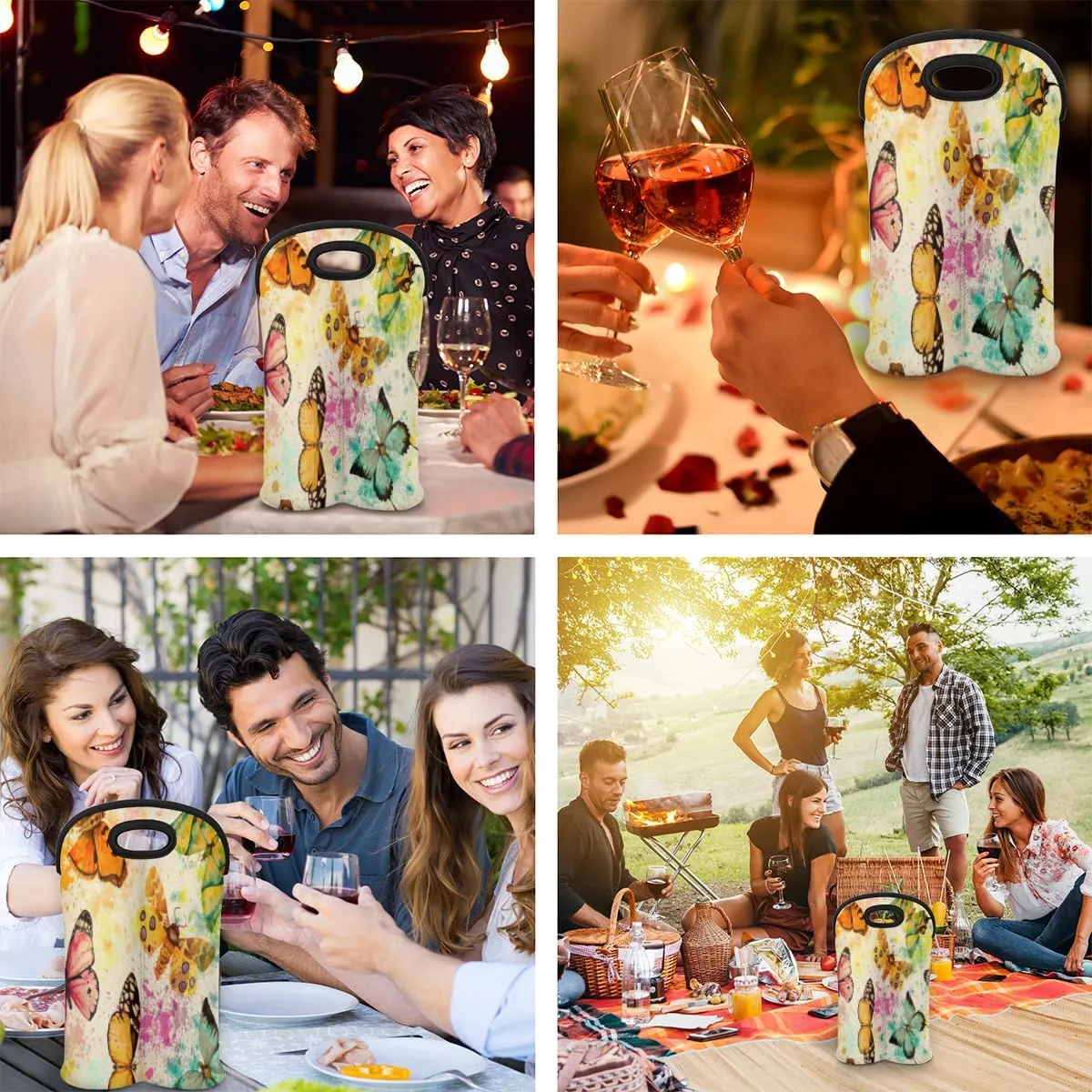2 Bottle Wine Carrier Tote Bag Butterfly Insulated Neoprene Wine Bottle Holder Portable Wine Cooler Bag with Secure Carry Handle for Travel Picnic Birthday Party