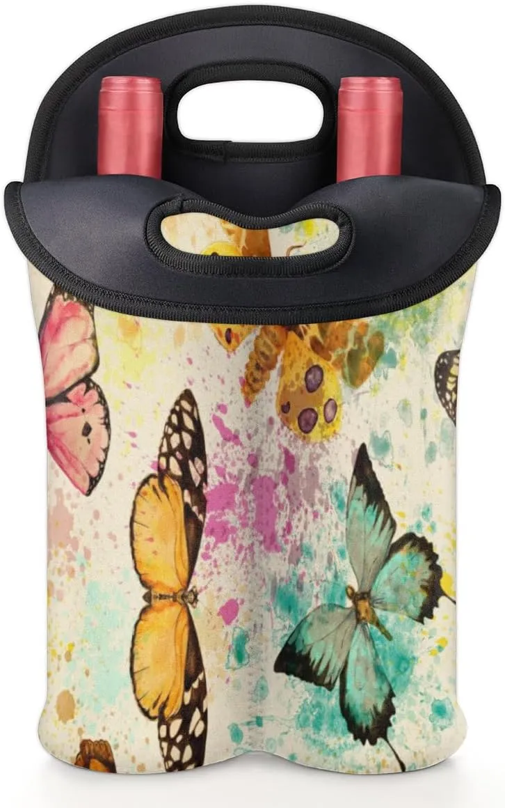 2 Bottle Wine Carrier Tote Bag Butterfly Insulated Neoprene Wine Bottle Holder Portable Wine Cooler Bag with Secure Carry Handle for Travel Picnic Birthday Party