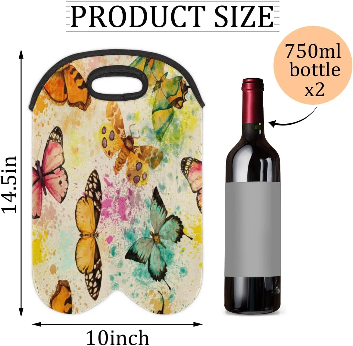 2 Bottle Wine Carrier Tote Bag Butterfly Insulated Neoprene Wine Bottle Holder Portable Wine Cooler Bag with Secure Carry Handle for Travel Picnic Birthday Party