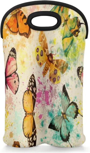 2 Bottle Wine Carrier Tote Bag Butterfly Insulated Neoprene Wine Bottle Holder Portable Wine Cooler Bag with Secure Carry Handle for Travel Picnic Birthday Party