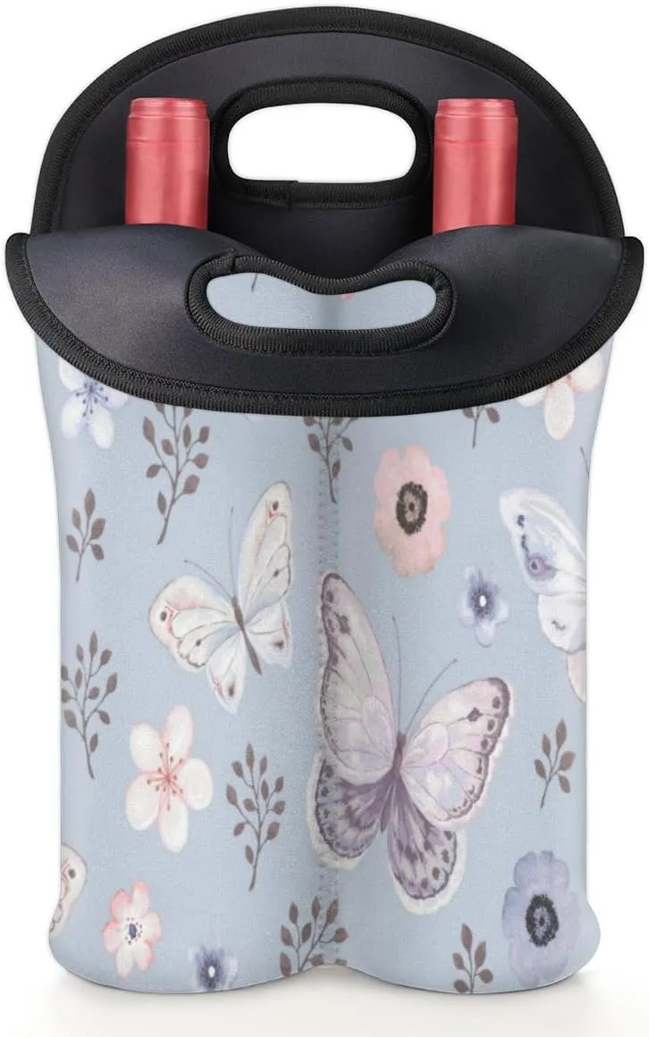 2 Bottle Wine Carrier Tote Bag Butterfly Paint Insulated Neoprene Wine Bottle Holder Portable Wine Cooler Bag with Secure Carry Handle for Travel Picnic Birthday Party