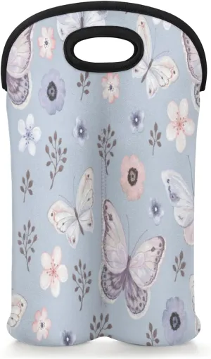 2 Bottle Wine Carrier Tote Bag Butterfly Paint Insulated Neoprene Wine Bottle Holder Portable Wine Cooler Bag with Secure Carry Handle for Travel Picnic Birthday Party