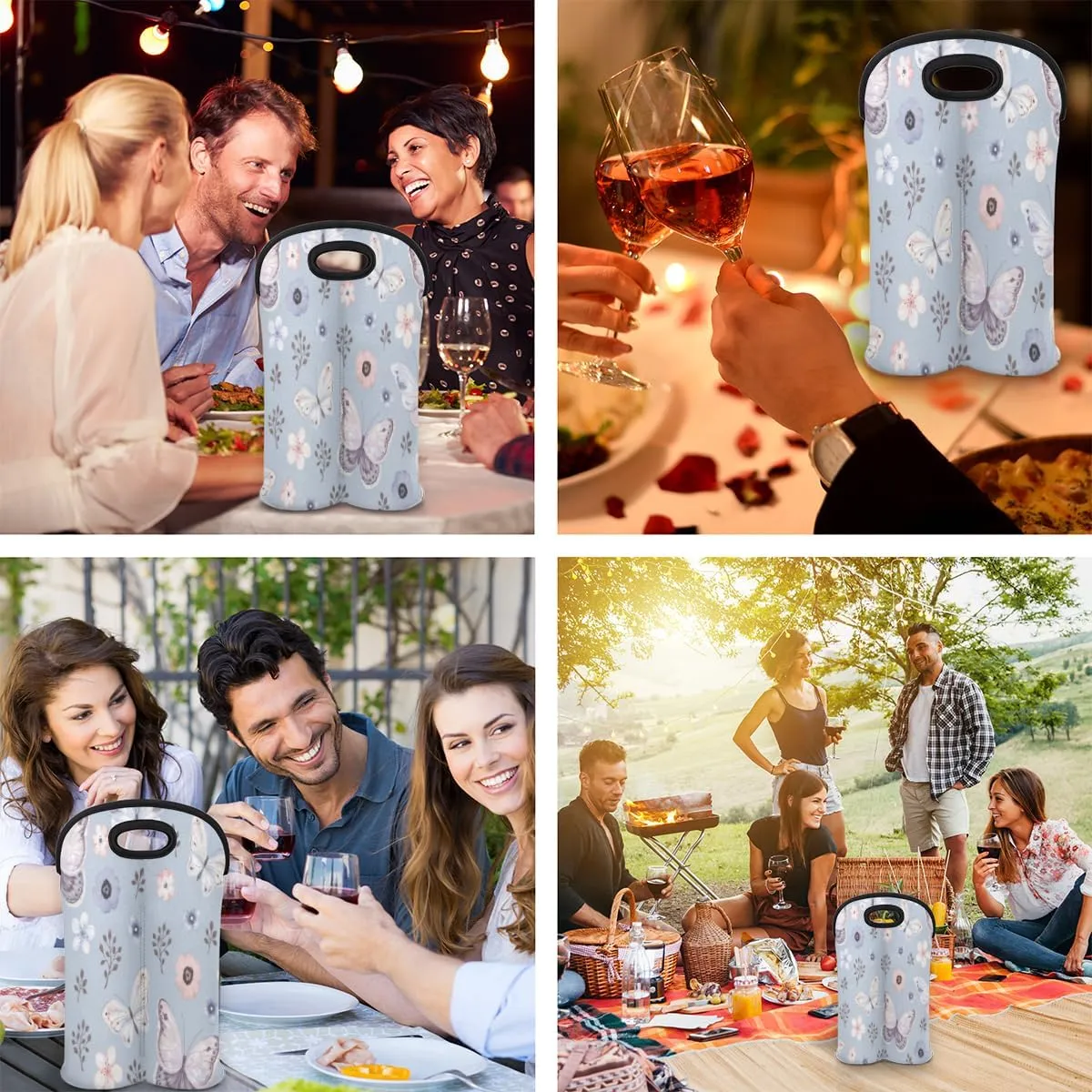 2 Bottle Wine Carrier Tote Bag Butterfly Paint Insulated Neoprene Wine Bottle Holder Portable Wine Cooler Bag with Secure Carry Handle for Travel Picnic Birthday Party