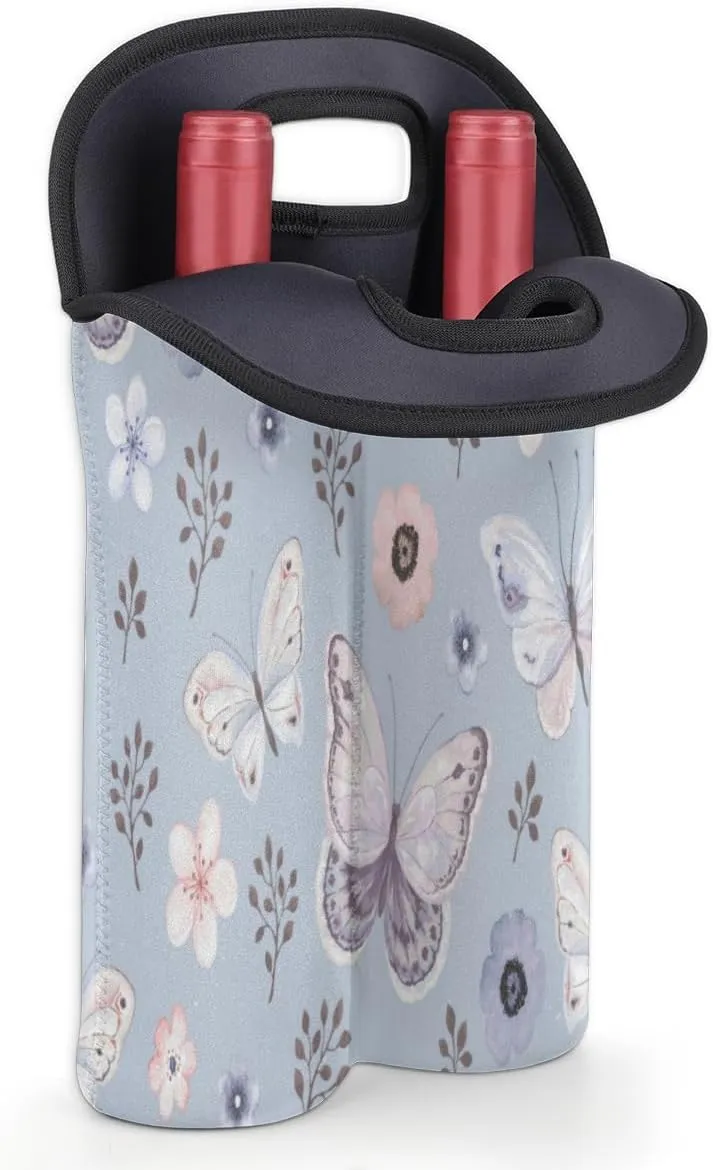 2 Bottle Wine Carrier Tote Bag Butterfly Paint Insulated Neoprene Wine Bottle Holder Portable Wine Cooler Bag with Secure Carry Handle for Travel Picnic Birthday Party