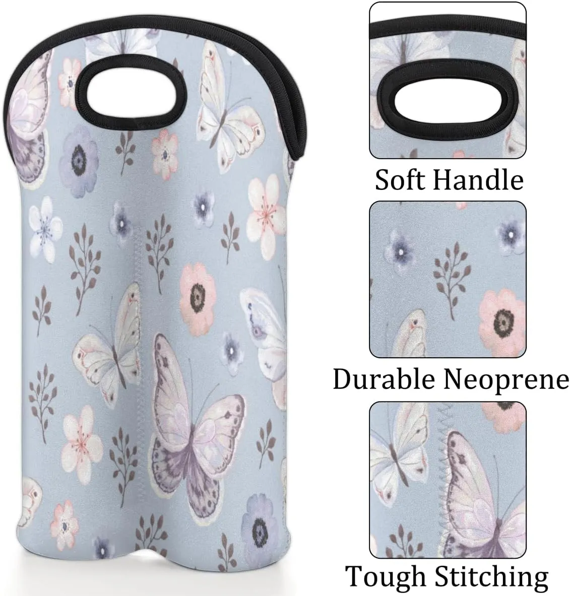 2 Bottle Wine Carrier Tote Bag Butterfly Paint Insulated Neoprene Wine Bottle Holder Portable Wine Cooler Bag with Secure Carry Handle for Travel Picnic Birthday Party