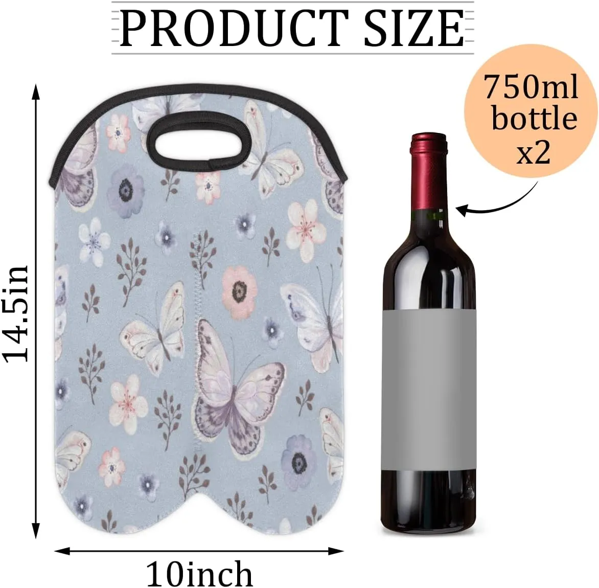 2 Bottle Wine Carrier Tote Bag Butterfly Paint Insulated Neoprene Wine Bottle Holder Portable Wine Cooler Bag with Secure Carry Handle for Travel Picnic Birthday Party