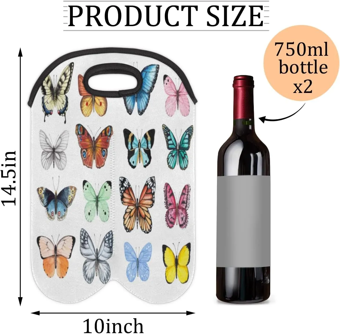 2 Bottle Wine Carrier Tote Bag Butterfly Specimens Insulated Neoprene Portable Bottle Holder Great Gift for Wine Lover, Great for Picnics Travel BYOB, Outdoor Entertaining