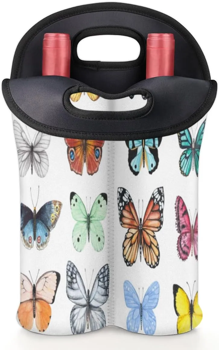 2 Bottle Wine Carrier Tote Bag Butterfly Specimens Insulated Neoprene Portable Bottle Holder Great Gift for Wine Lover, Great for Picnics Travel BYOB, Outdoor Entertaining