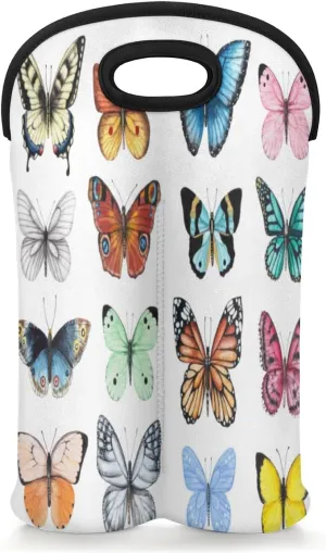 2 Bottle Wine Carrier Tote Bag Butterfly Specimens Insulated Neoprene Portable Bottle Holder Great Gift for Wine Lover, Great for Picnics Travel BYOB, Outdoor Entertaining