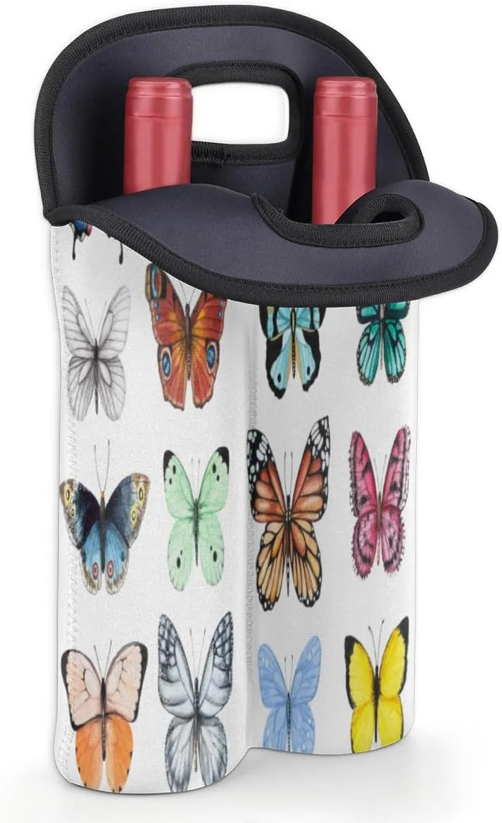 2 Bottle Wine Carrier Tote Bag Butterfly Specimens Insulated Neoprene Portable Bottle Holder Great Gift for Wine Lover, Great for Picnics Travel BYOB, Outdoor Entertaining