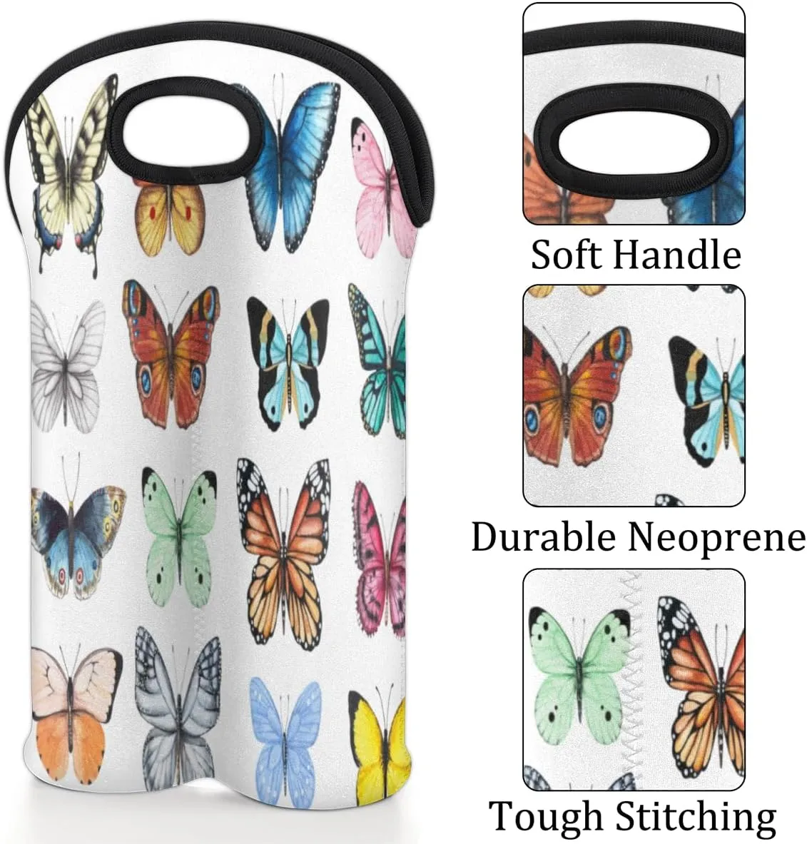 2 Bottle Wine Carrier Tote Bag Butterfly Specimens Insulated Neoprene Portable Bottle Holder Great Gift for Wine Lover, Great for Picnics Travel BYOB, Outdoor Entertaining