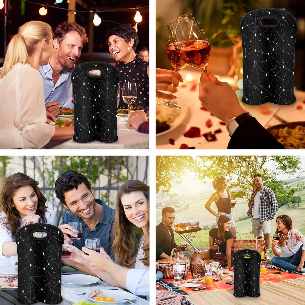 2 Bottle Wine Carrier Tote Bag Cartoon Refreshments Insulated Neoprene Portable Bottle Holder Great Gift for Wine Lover, Great for Picnics Travel BYOB, Outdoor Entertaining