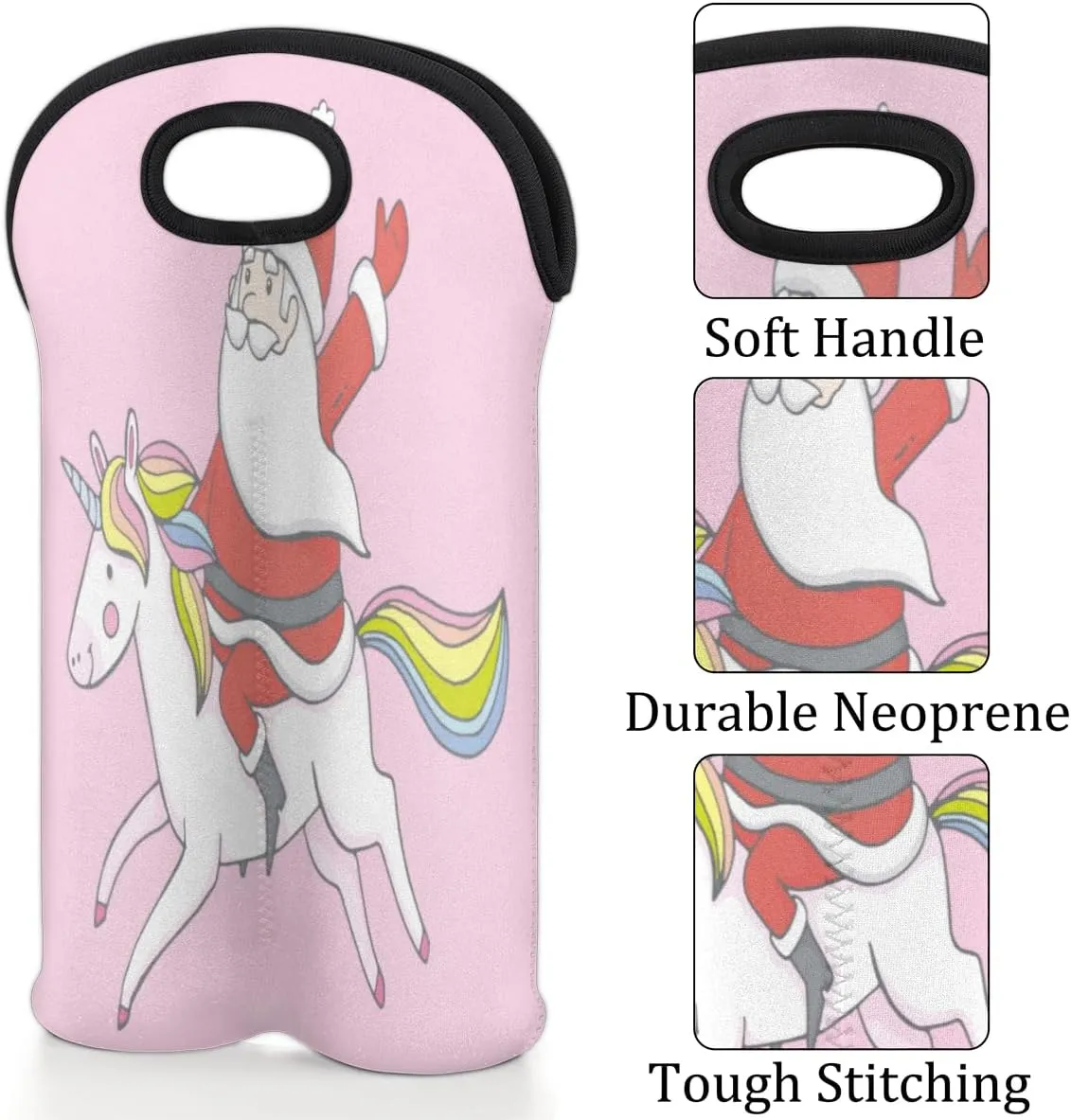 2 Bottle Wine Carrier Tote Bag Christmas Ponies Insulated Neoprene Portable Bottle Holder Great Gift for Wine Lover, Great for Picnics Travel BYOB, Outdoor Entertaining