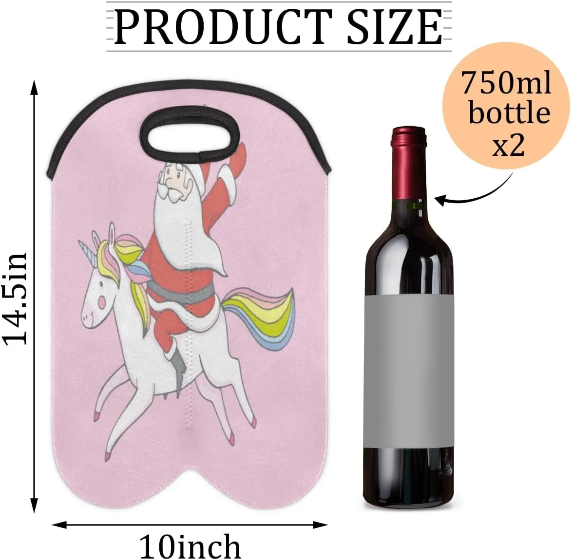 2 Bottle Wine Carrier Tote Bag Christmas Ponies Insulated Neoprene Portable Bottle Holder Great Gift for Wine Lover, Great for Picnics Travel BYOB, Outdoor Entertaining