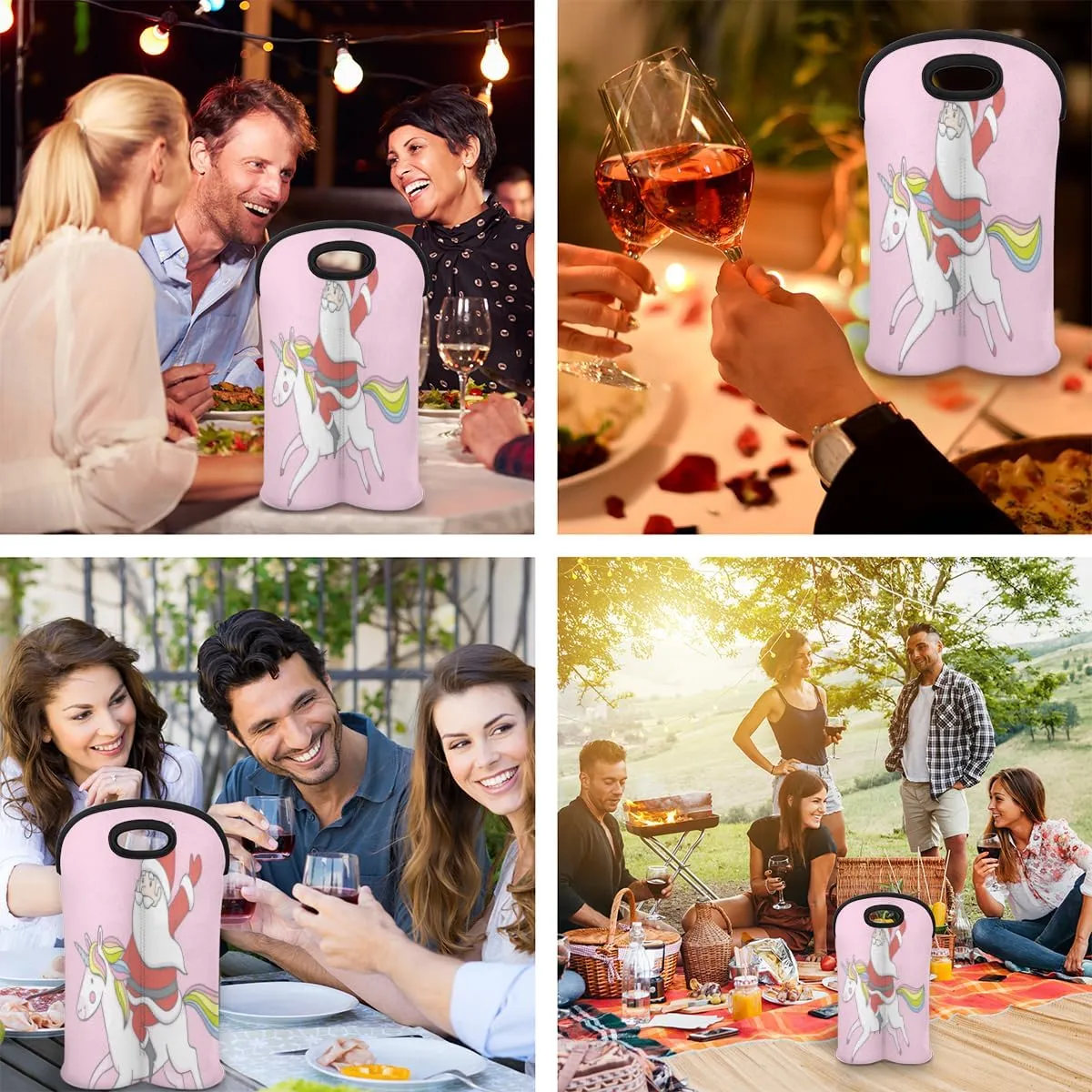 2 Bottle Wine Carrier Tote Bag Christmas Ponies Insulated Neoprene Portable Bottle Holder Great Gift for Wine Lover, Great for Picnics Travel BYOB, Outdoor Entertaining