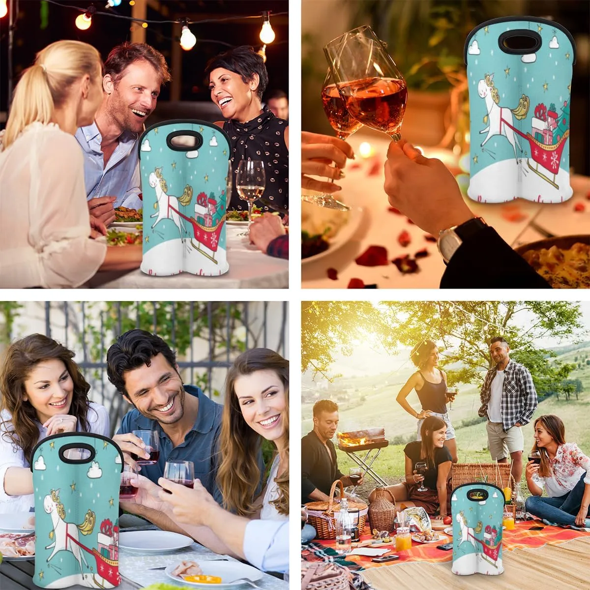 2 Bottle Wine Carrier Tote Bag Christmas Pony Insulated Neoprene Portable Bottle Holder Great Gift for Wine Lover, Great for Picnics Travel BYOB, Outdoor Entertaining