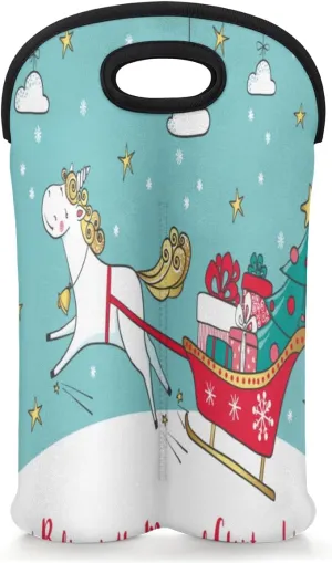 2 Bottle Wine Carrier Tote Bag Christmas Pony Insulated Neoprene Portable Bottle Holder Great Gift for Wine Lover, Great for Picnics Travel BYOB, Outdoor Entertaining