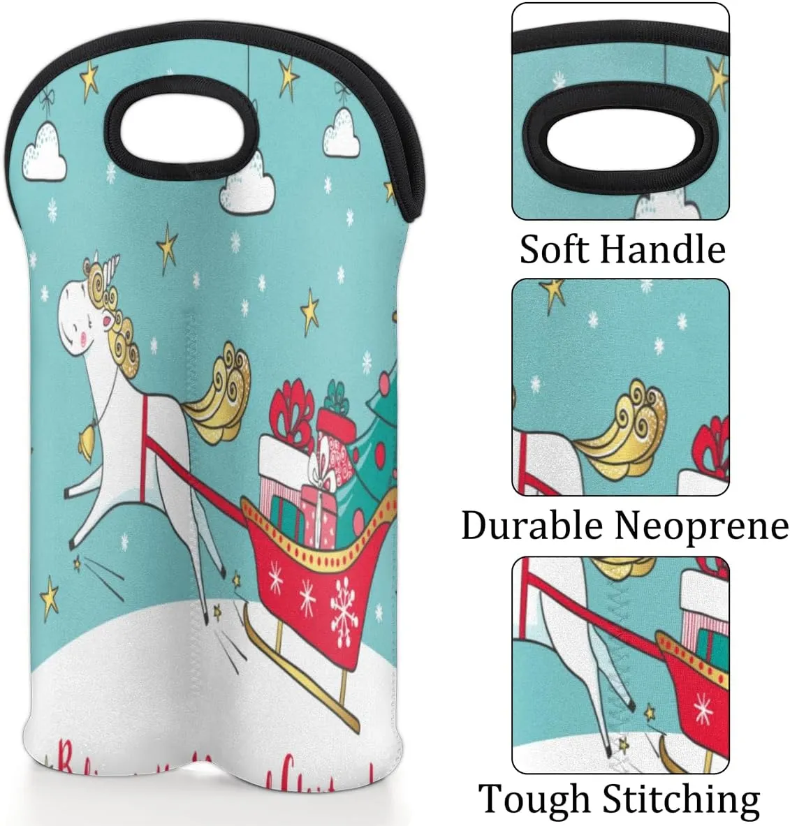2 Bottle Wine Carrier Tote Bag Christmas Pony Insulated Neoprene Portable Bottle Holder Great Gift for Wine Lover, Great for Picnics Travel BYOB, Outdoor Entertaining