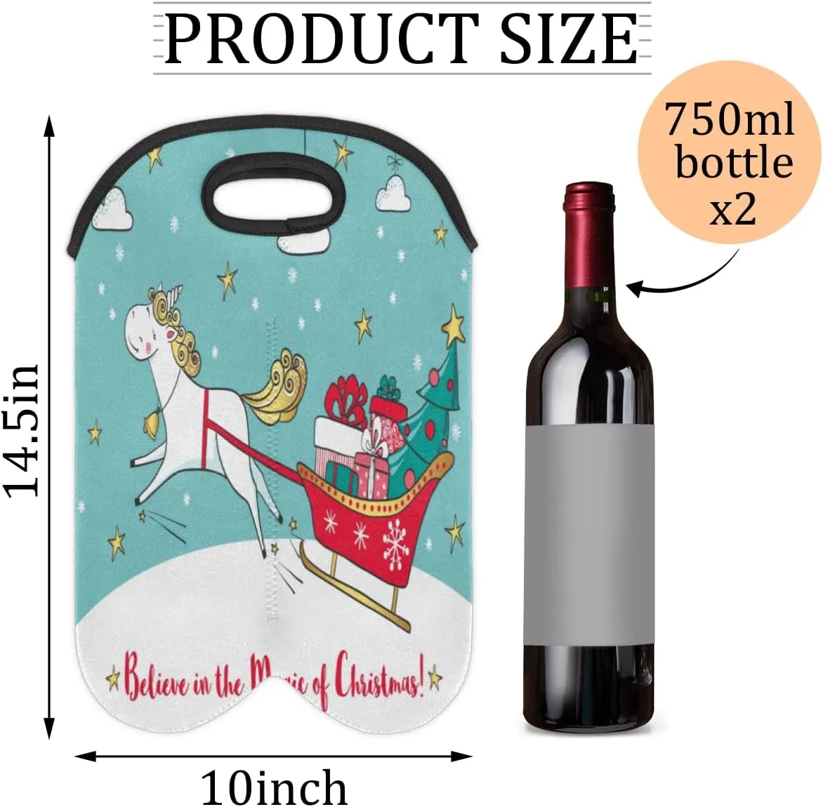 2 Bottle Wine Carrier Tote Bag Christmas Pony Insulated Neoprene Portable Bottle Holder Great Gift for Wine Lover, Great for Picnics Travel BYOB, Outdoor Entertaining