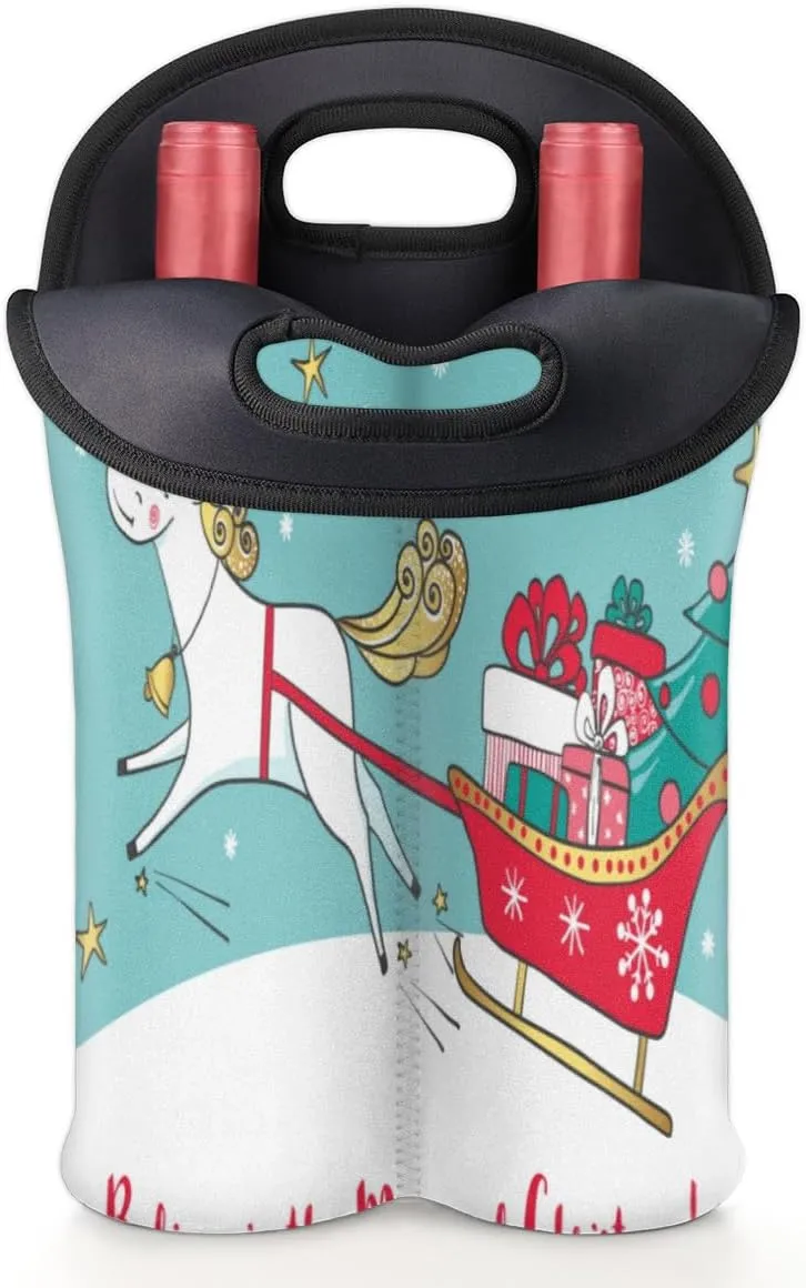 2 Bottle Wine Carrier Tote Bag Christmas Pony Insulated Neoprene Portable Bottle Holder Great Gift for Wine Lover, Great for Picnics Travel BYOB, Outdoor Entertaining