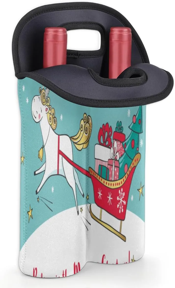 2 Bottle Wine Carrier Tote Bag Christmas Pony Insulated Neoprene Portable Bottle Holder Great Gift for Wine Lover, Great for Picnics Travel BYOB, Outdoor Entertaining
