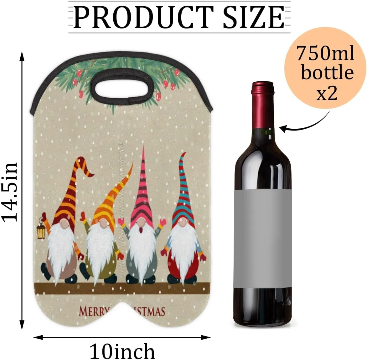 2 Bottle Wine Carrier Tote Bag Christmas Song Insulated Neoprene Portable Bottle Holder Great Gift for Wine Lover, Great for Picnics Travel BYOB, Outdoor Entertaining
