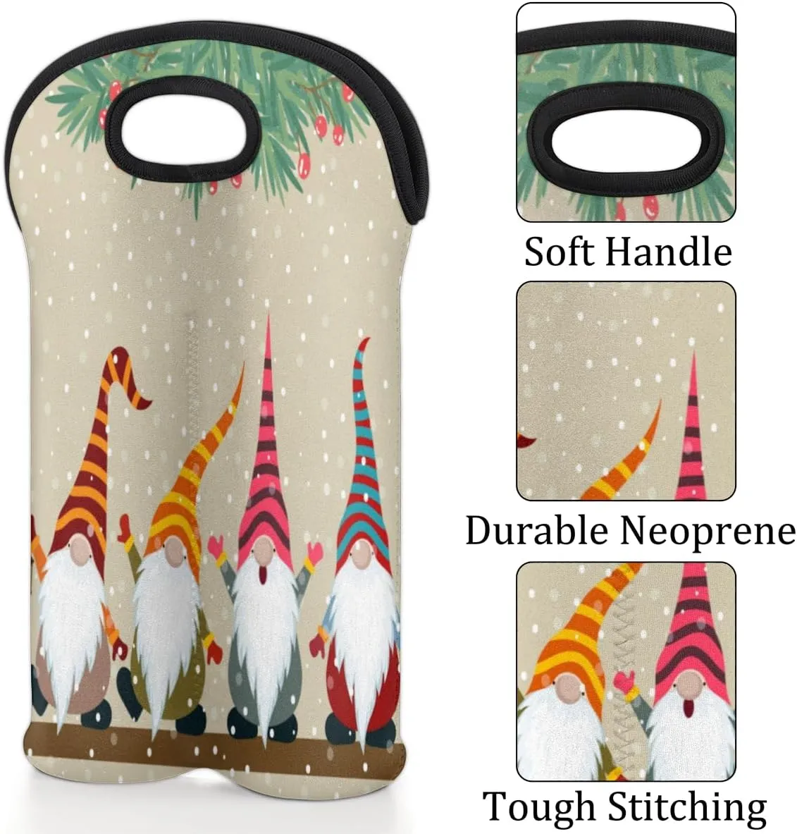 2 Bottle Wine Carrier Tote Bag Christmas Song Insulated Neoprene Portable Bottle Holder Great Gift for Wine Lover, Great for Picnics Travel BYOB, Outdoor Entertaining